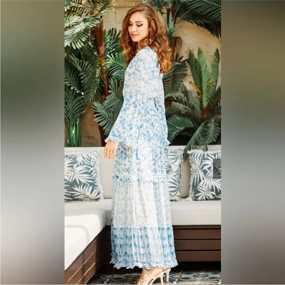 Hemant & Nandita Caleb Maxi Dress Blue White Dolman Sleeves Tiered Small S - Picture 6 of 16